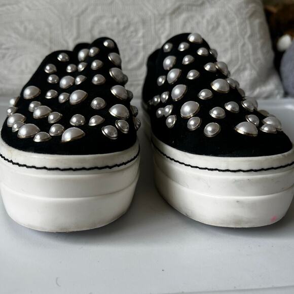 Alice + Olivia Sasha Platform Pearl Studded Slip On Sneaker Black 37/7 - Picture 2 of 8